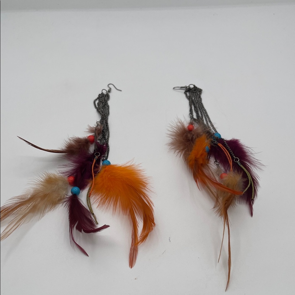 3.30.26-3 BoHo Gunmetal Eurostyle Feather Earrings in Orange, Burgundy & Brown
